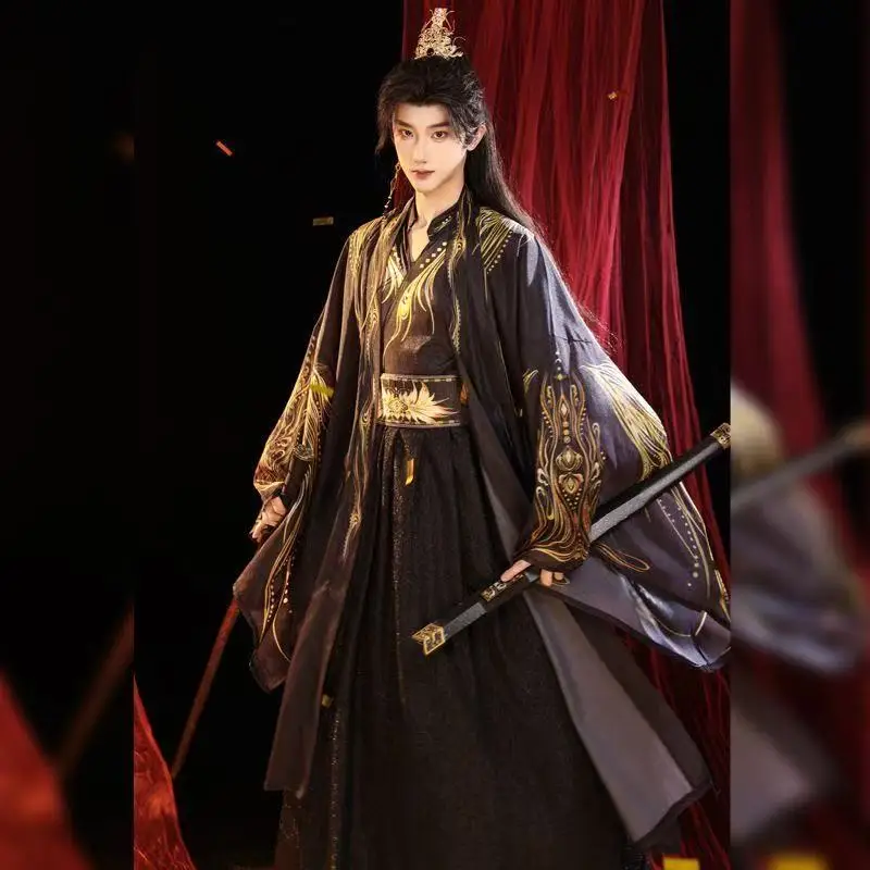 

Black Wuxia Hanfu for Male Traditional Chinese Cross Collar Printing Clothes Halloween Stage Performance Cosplay Costume Hanfu