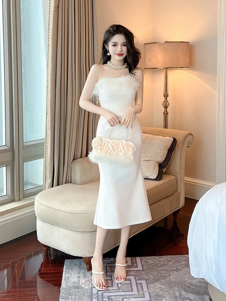 Ele White Evening Gown Women's High-End Sensation Summer Inner Wear Luxury mat Strapl Skirt Aosphere Dr