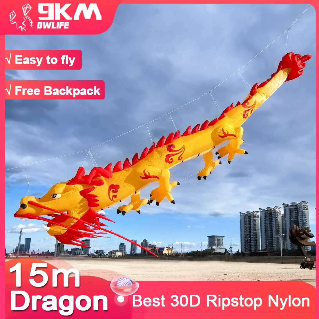 9KM 15m Dragon kite  Line Laundry Kite Soft Inflatable 30D Ripstop Nylon with Bag for Kite Festival