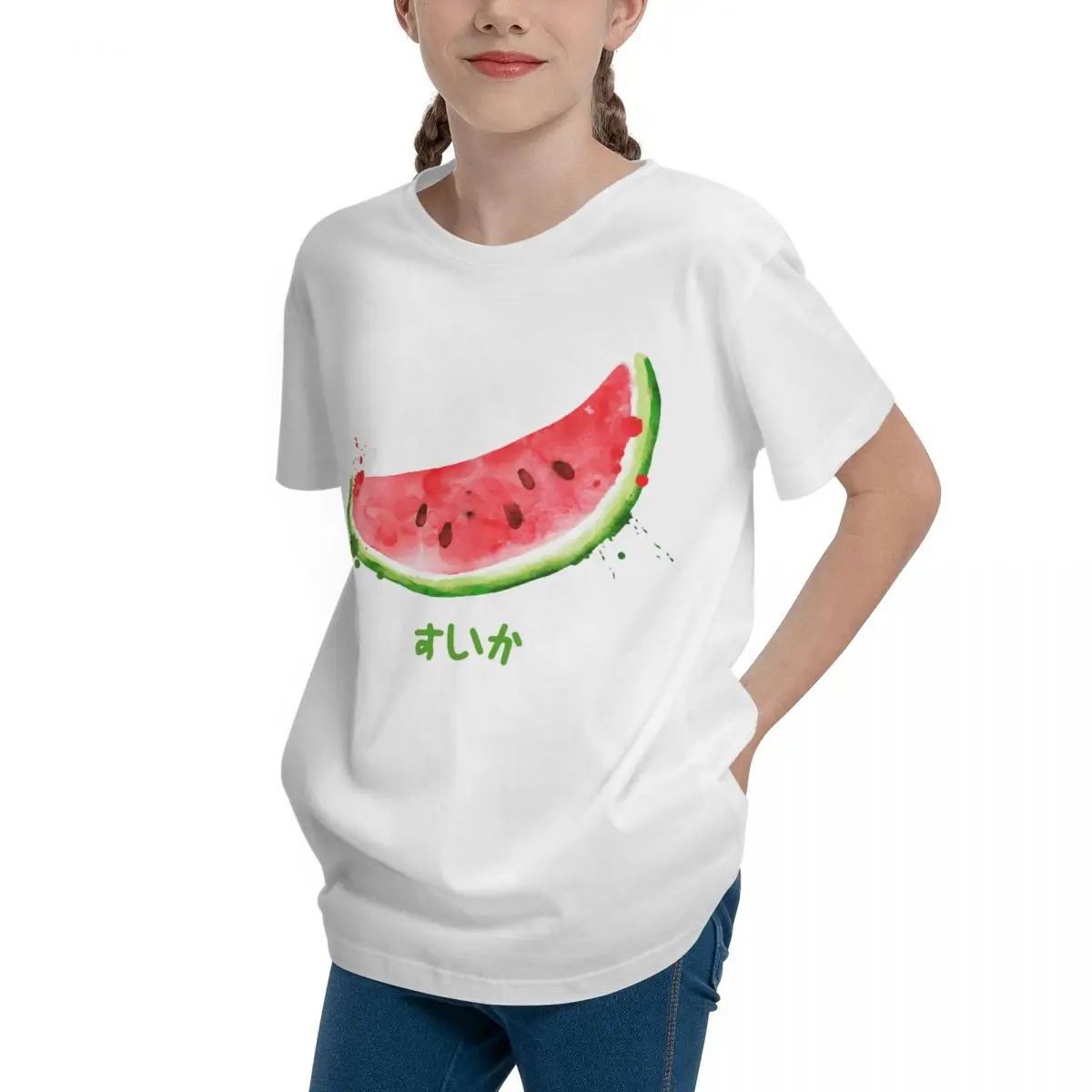 Adolescents Basic Short Sleeve T-Shirt Suika Watermelon In Japanese For Sale HarajukuHigh quality T-shirts Novelty Adolescents