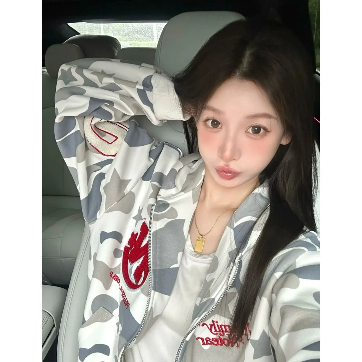 American Retro Flocking Towel Camouflage Hoodie Women's Spring Autumn Loose Open Cardigan Jacket Casual Style Standard Version