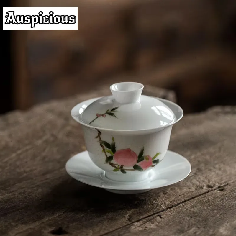 

160ml Hand Painted Peach Tea Tureen White Jade Porcelain Wish Longevity GaiWan Ceramic Bowl With Lid Sancai Da Hong Pao Tea Cup