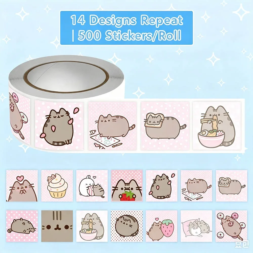 Hou 500pcs Pusheen Cartoon Cat Roll Stickers Waterproof Graffiti Scrapbooking Notebook Phone Cute Decoration Decals Toys view 3