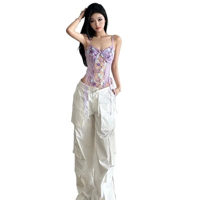 Pure Desire Purple Charm Lace Perspective Suspender Small Vest Female Spice Girl Waist Bottom onesie Straps, prints bows Rompers