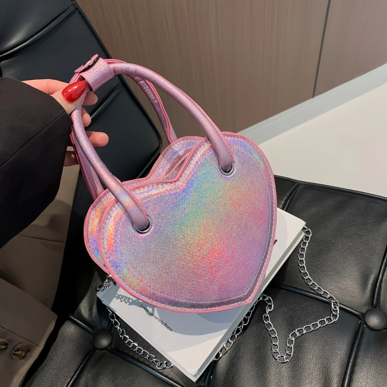 PU , Laser Iridescent Crossbody Shoulder Bag, Sweet Style, Fashionable Love Design Purse For Valentines Day Hanging toiletry bag