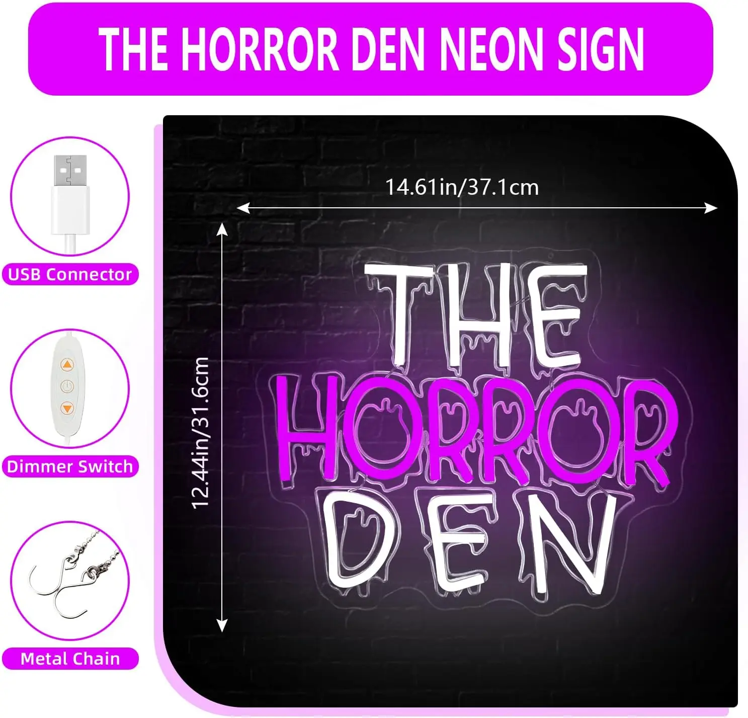 The Horror Den Neon Sign LED USB Neon Light Wall Decor for Horror Movie Room Bar Halloween Party Spooky Wall Art Gift