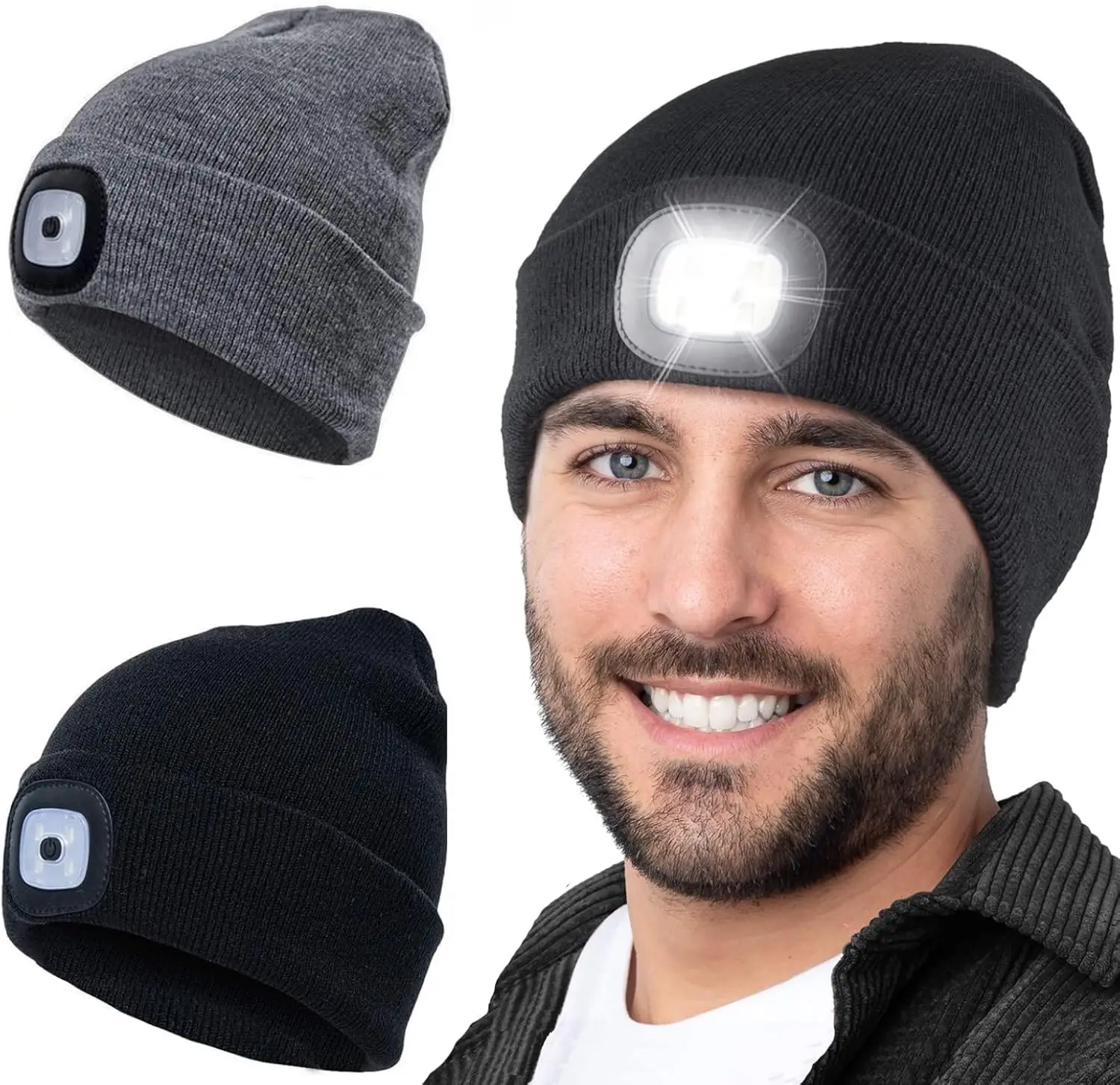 Wiederaufladbare LED-Beanie-Mütze mit Licht, Unisex, warme Winter-Strickmütze, Stirnlampe, Nachtbeleuchtung, Taschenlampe für Outdoor-Aktivitäten – Detail 1