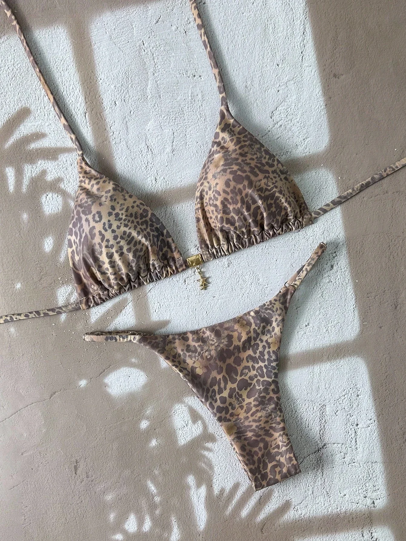 

Leopard Print Adjustable Tie Strap Metallic Decor Sexy Bikini Set Summer Beachwear