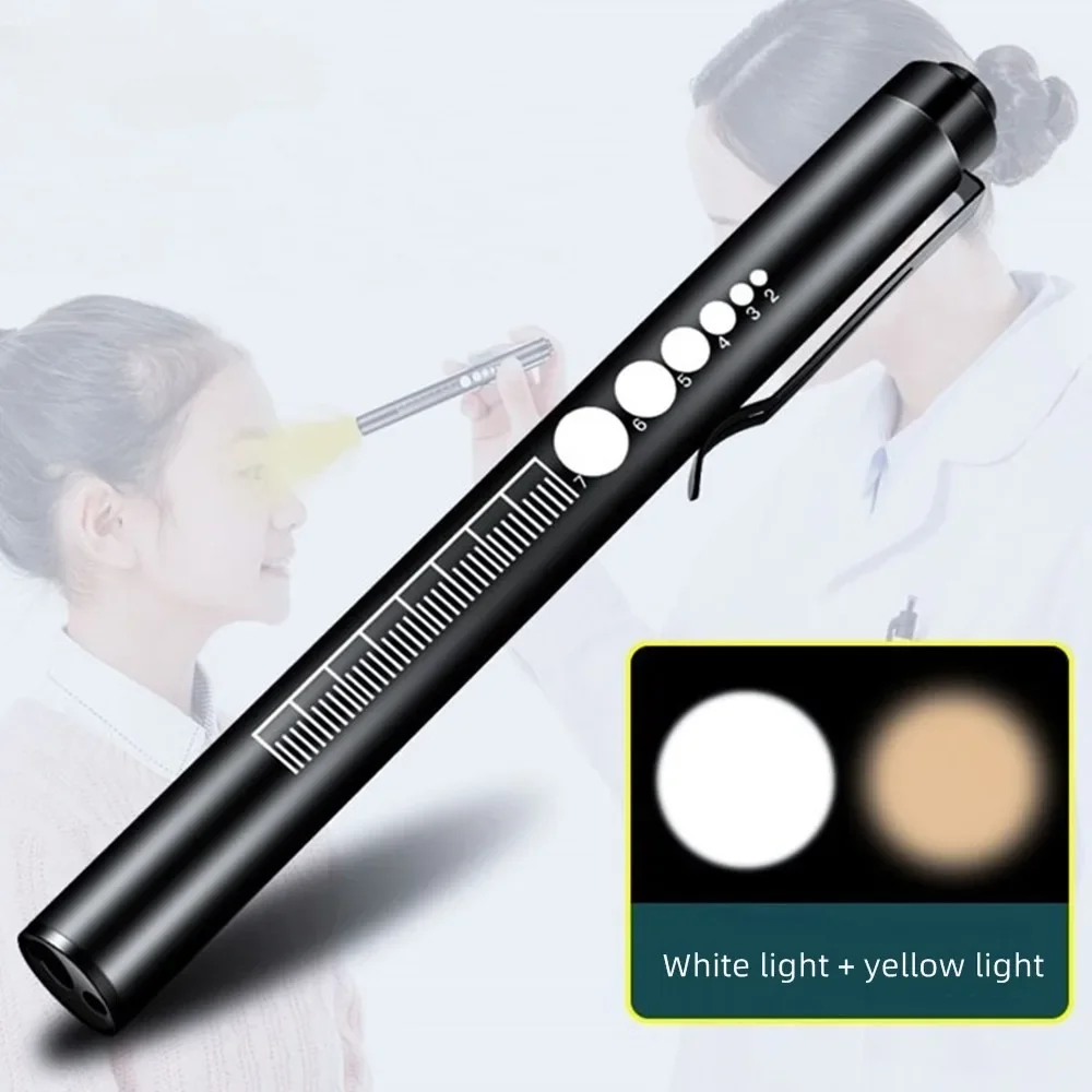 Portable USB Rechargeable Medica Pen Light Mini 2 in 1 Pocket Nursing Flashlight White+Yellow Light with Stainless Steel Clip