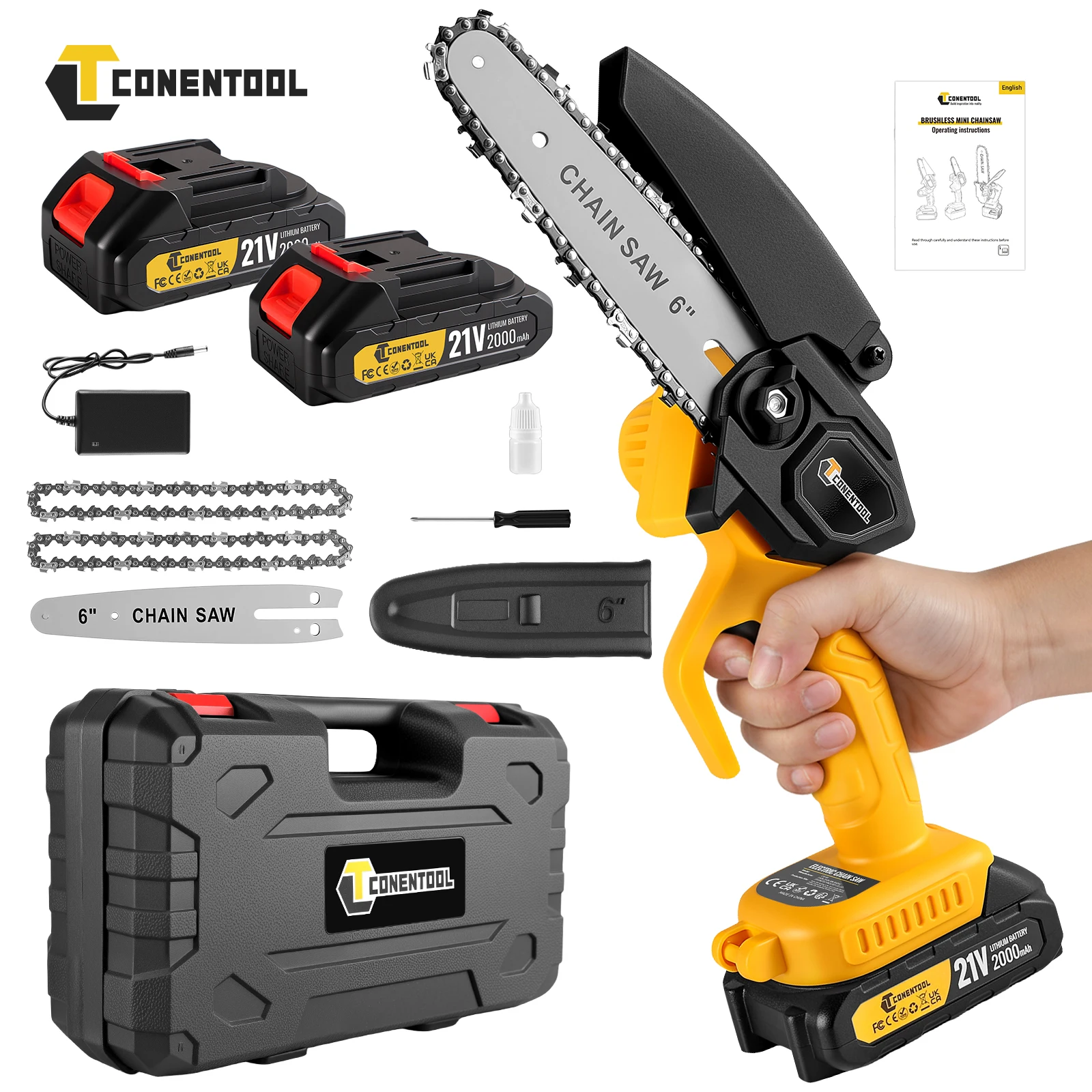 CONENTOOL Motosega a batteria da 6 pollici 21 V con 2 batterie e 2 catene, design leggero con una sola mano per potatura di legno e rami