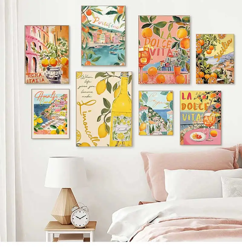 1pc frameless La Dolce Vita Lemon Posters Prints Retro Spritz Canvas Painting Santorini Italy Travel Wall Art for Room Cafe Deco