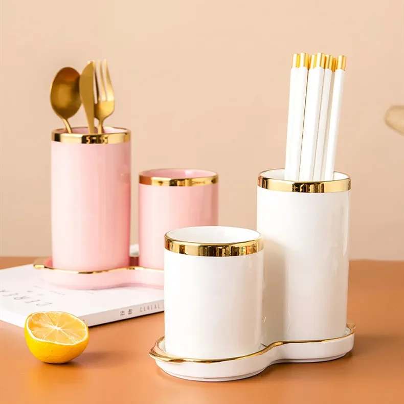 Ceramics Chopstick Holder Two-piece Suit with Base Kitchen Supplies Chopsticks Drain Rack Cutlery Storage Box Chopsticks Basket