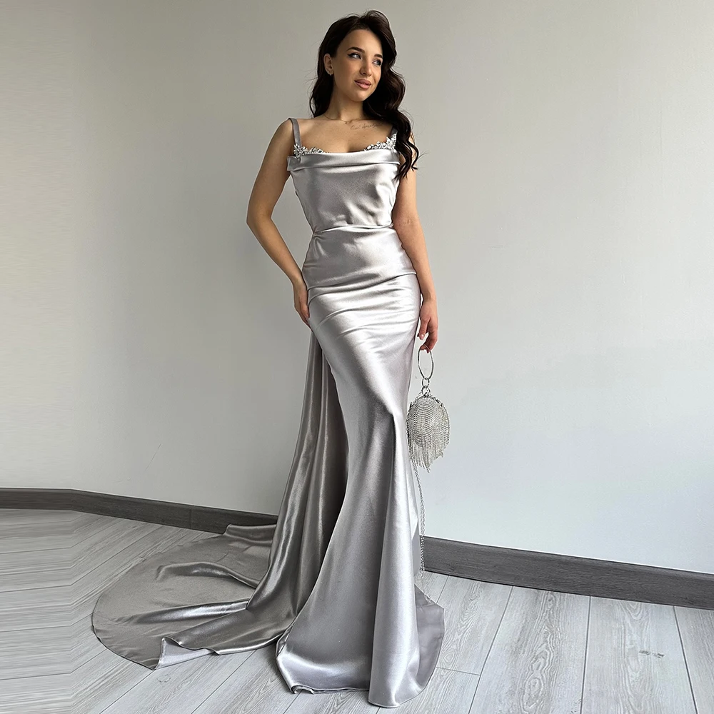 

Luxury Mother of the Wedding Dresses 2025 Satin Mermaid/Trumpet Wedding Party Dress Silvery Square Neck Crystals Wedding Dresses