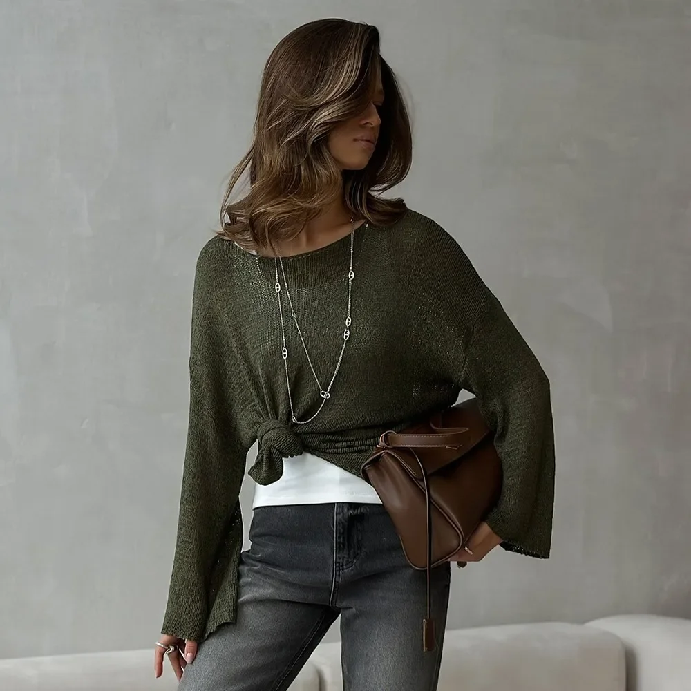 

Original Slash Neck Cotton Knitted Top Spring and Summer Women Elegant Micro Perspective Solid Soft Long Sleeve Casual Sweater