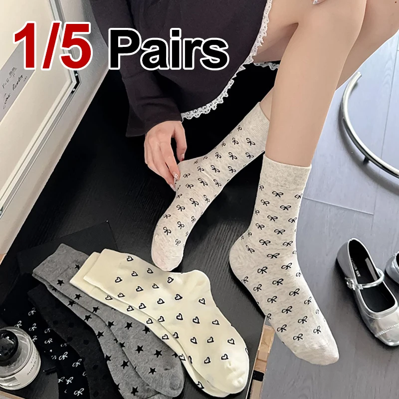 

1/5 Pairs Butterfly Bow Heart-Shaped Printed Women Mid Tube Socks Soft Comfortable Suitable All Seasons Sweet Style Casual Socks