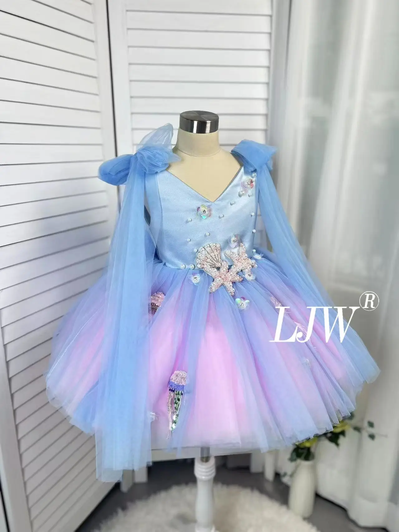 Zomer Mouwloze nieuwe meisjes Festival Banket Formele Gelegenheid Avondjurk Blauw verloop Zeeschelp Element Eerste verjaardag van het meisje