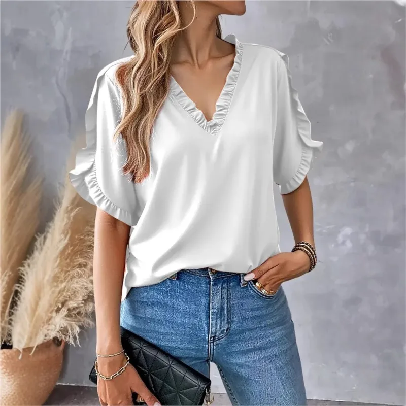 

Summer Women's Trend Simple Blouses 2025 Solid Color Short Sleeved Ruffled V-Neck Shirt Top for Women