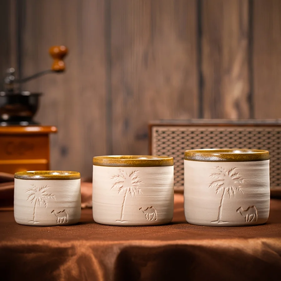 

Middle Eastern Stoneware Coffee Cup, Creative Hand Carved Ceramic Desert Tree and Camel Water Cup Espresso Artistic Cups