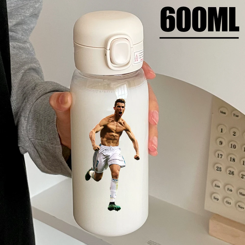 Football Star 600ML Drink Bottle Water Coffee Cup Portable Outdoor Sport Flip Cover Transparent Cup with Straw Cristiano Ronaldo