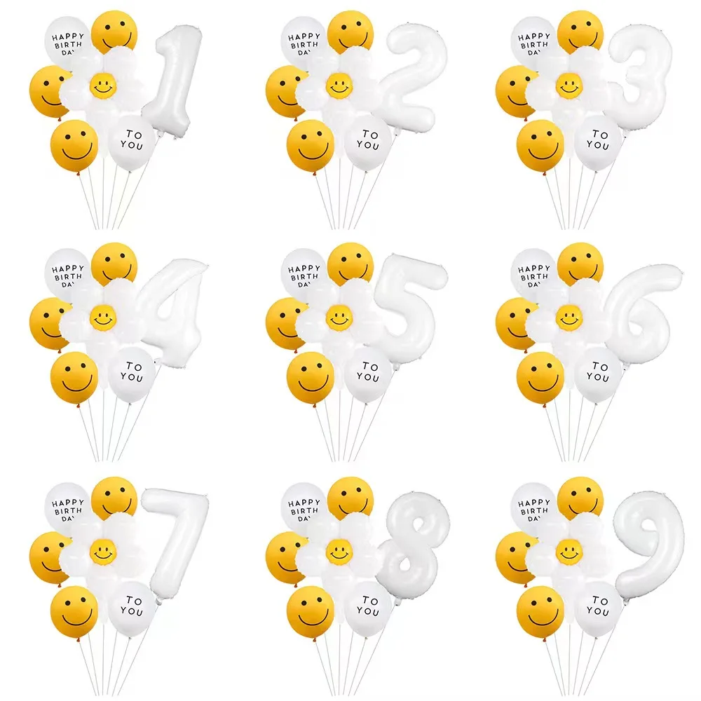 スマイリーデイジーフラワーバルーン,7個セット,32インチ,ホワイトナンバーバルーン,子供の誕生日パーティーの装飾セット,ベビーシャワー