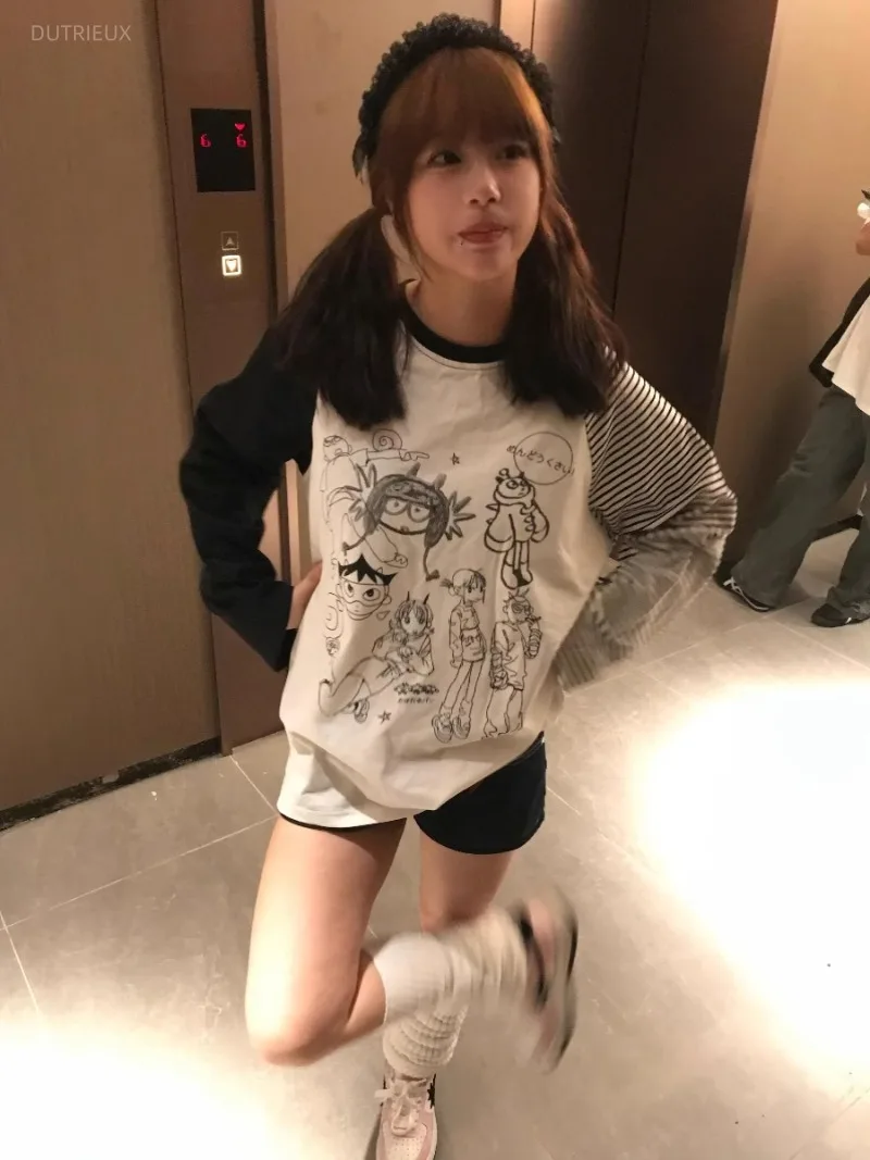 American Subcultural Constrast Color Harajuku Girl Loose T Shirts Sweet Cute Print Modern Japanese Clothes Y2k 2000s Lazy Tops