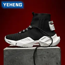 Spring Autumn New Men Casual Shoes High Top Socks Shoes Mesh Breathable Outdoor Sneakers Hip Hop Thick Soled Light Running Shoes