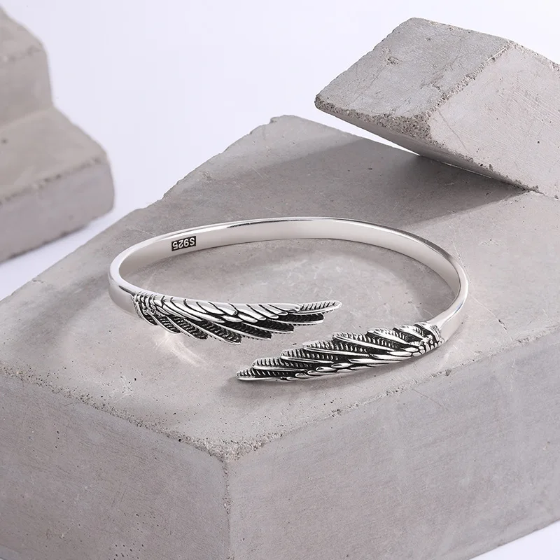 Retro Thai Silver Feather Simple Fashionable 925 Sterling Silver Personalized Design Wings Ins Trendy Opening Bracelets   SL102