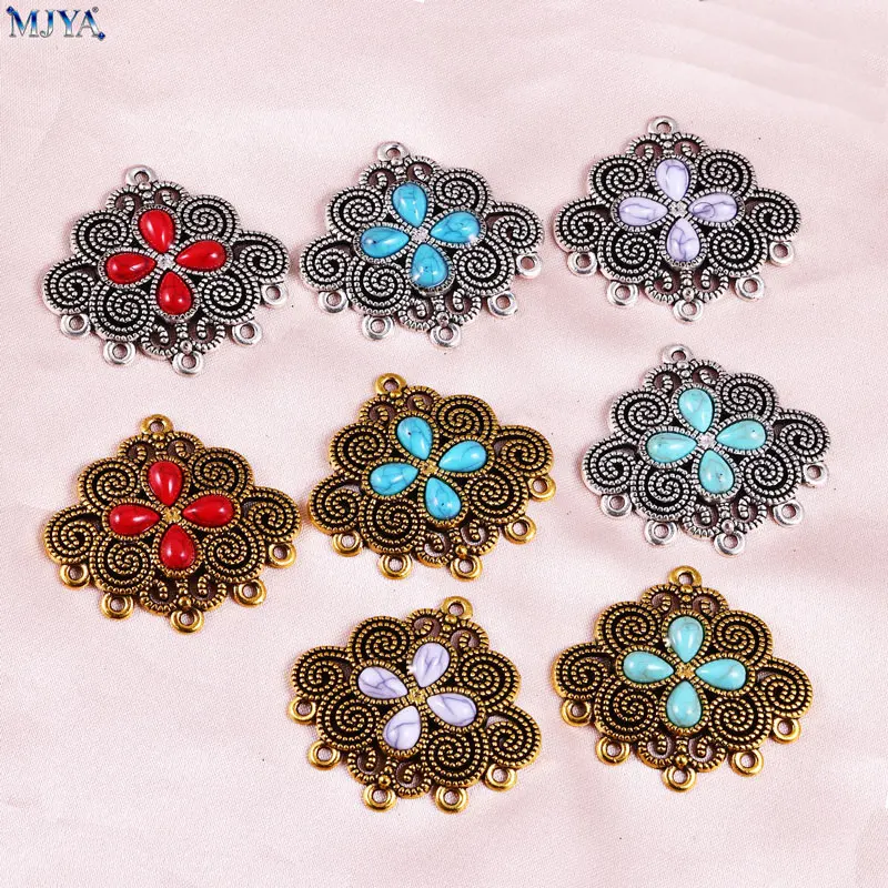 MJYA 5pcs Ethnic Boho Flower Connector Charms,Multi-Loops Filigree Pendant For DIY Necklace Earring Supplies Jewelry Accessory