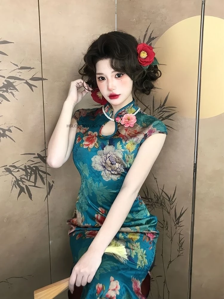 

Chinese Improved Qipao Improved Cheongsam Style Lady Sexy Floral Qipao Dress Flower Print Vintage Oriental Slim Qipao Dress