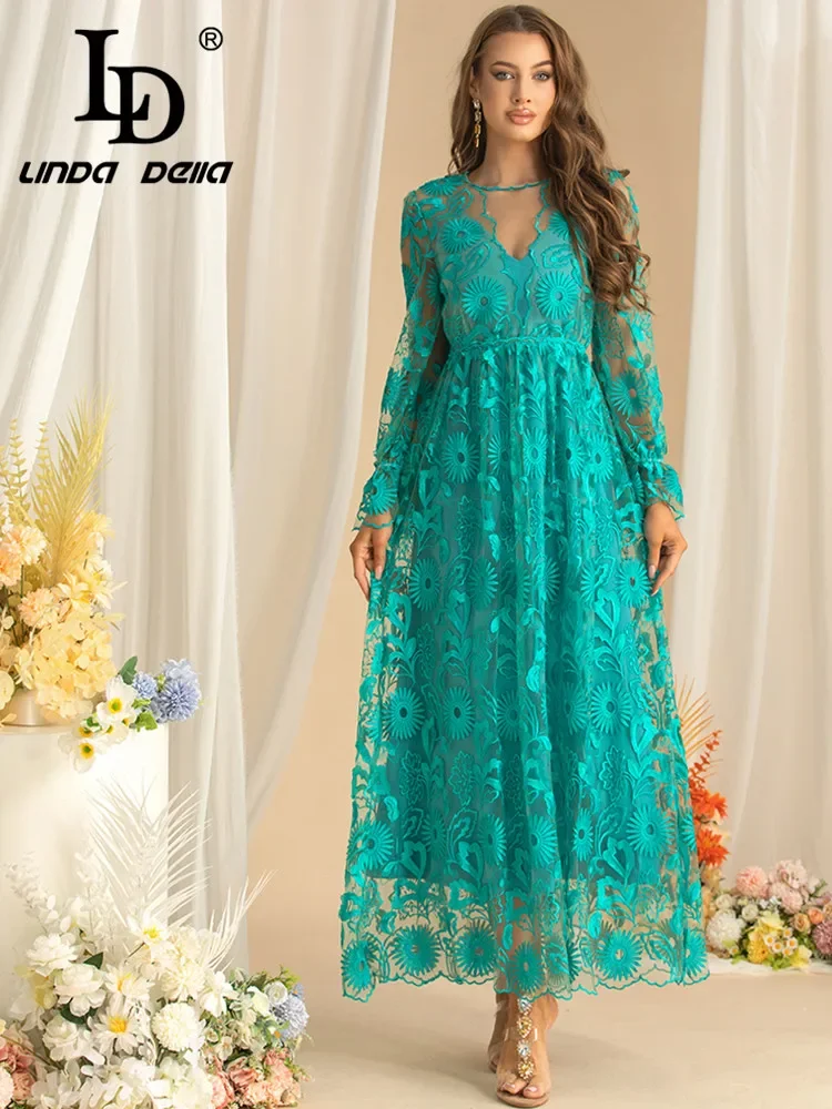 

LD LINDA DELLA Fashion design Autumn Women's Dress Long-Sleeved Hollow Out Embroidered High waist party evening Dresses