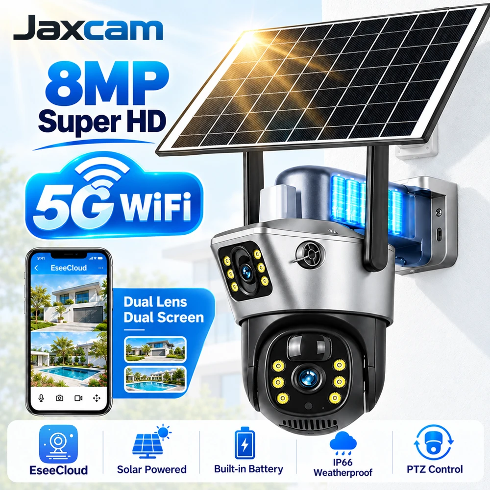 8MP 4K Dual-Objektiv Solar-Sicherheitskamera 5G WiFi Außen-PTZ-Überwachungskamera Dual-Bildschirm EseeCloud App Eingebauter Akku IP66 Wetterfest 2-Wege-Audio KI-Bewegungserkennung Farbnachtsicht