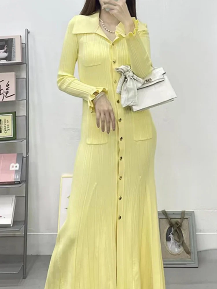 

Elegant Cream Yellow Knitted Long Dressr 2024 Women Slim Long Sleeved Luxury Maxi Black Dress