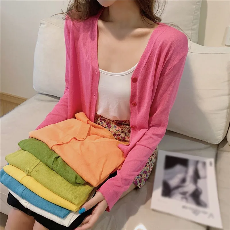 Women Knitted Cardigan Summer Thin Sunscreen Knit Top V-Neck Button Casual Long-Sleeved Cardigan Shirt Breathable Short Coat