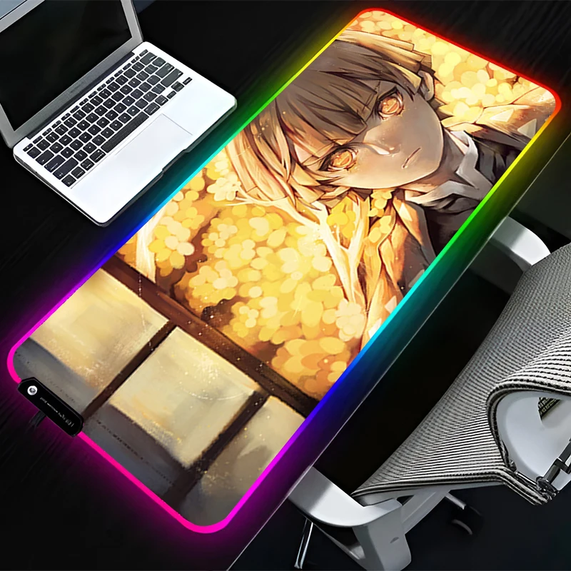 RGB LED Mouse Pad Rubber Mousepad Laptop Gaming Mats PC Accessories Extended Pad Office Non Slip D-demon Slayer Zenitsu Desk Mat