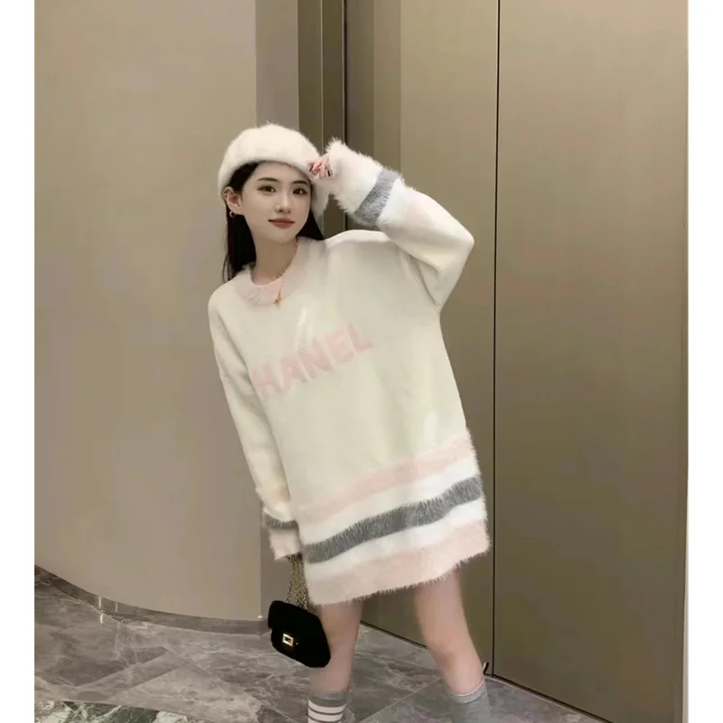 Women's 2022 New White Stripe Letter Embroidery  Knitted Sweater Temperament Comfortable Versatile Pullover Autumn and Winter