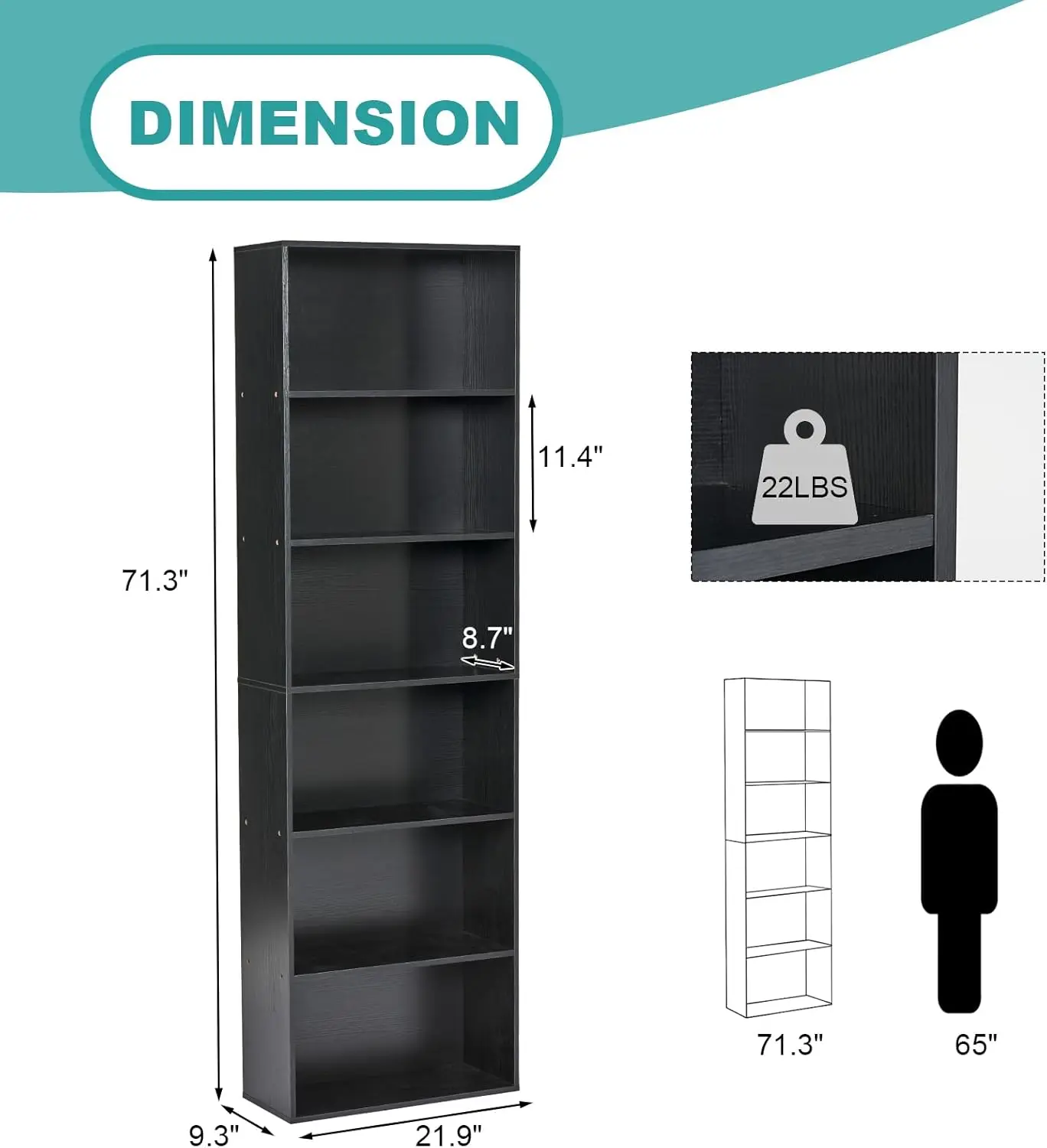 6-Tier Book Shelf, Floor Standing Open Bookcase, Wooden Display Storage Shelves with Anti-Tipping Device, 71