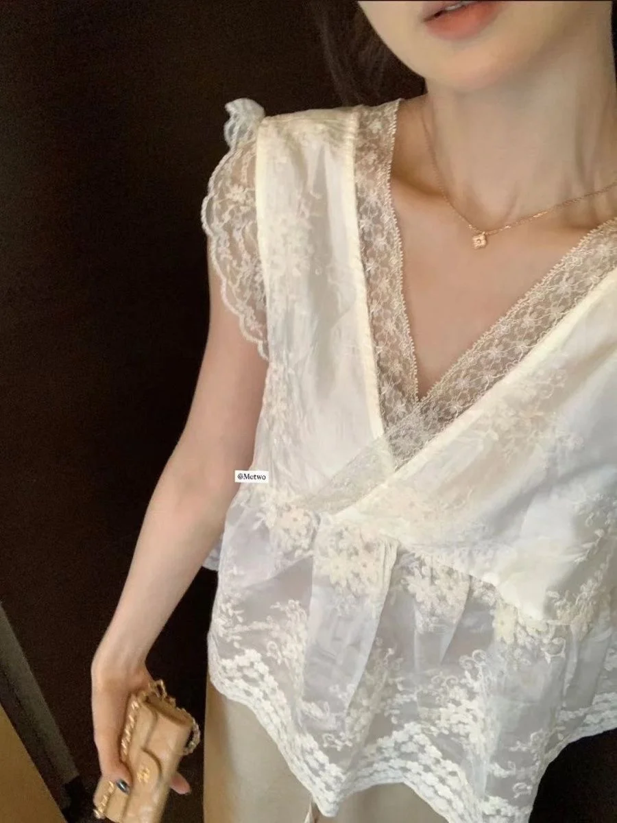 Ele Embroidered Lace Top Women's Loose Fit Cotton Polyester Blend Heavy Work Embroidery Fairy T Sle Summer Casual Wear