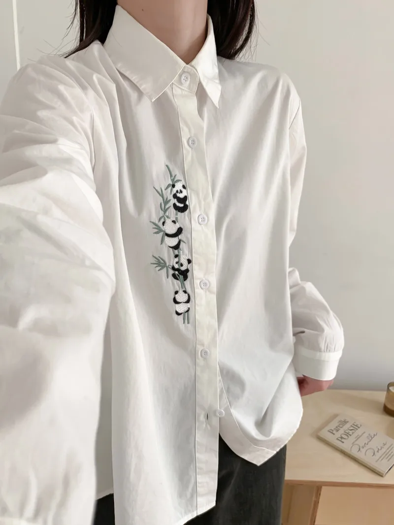 New 2025 Autumn Cotton Long Sleeve Shirt, Women Turn-down Collar Embroidery, Mori Girl Cute Age Reduction Loose Blouse T57422CC