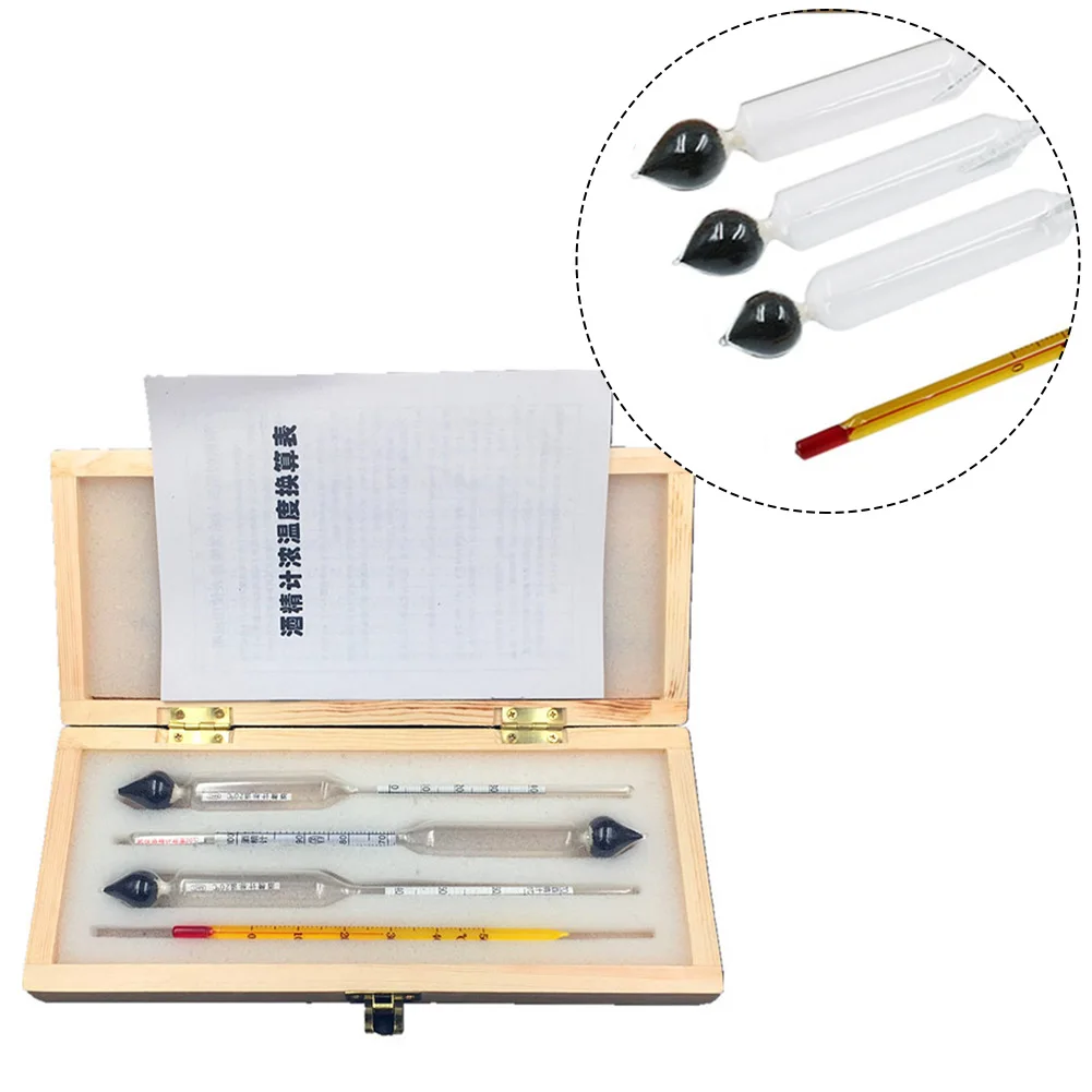 Meter Set for Baijiu with Three Glass Scales Thermometer and Wooden Box Including Temperature Concentration Chart