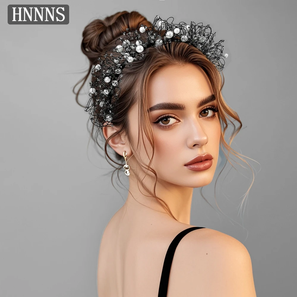 

HNNNS Black Metal Wrapped Hair Hoop White Pearl Headband Fashion Crystal Sequins Headdress Daily Girl Hair Accessories A194