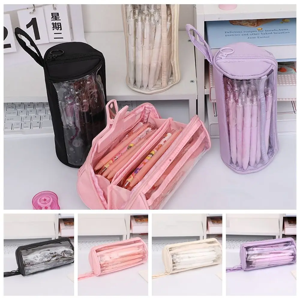 PVC Transparent Pencil Case Standing Organizer Large Capacity Pencil Bag Multi-functional Korean Style Zipper Pencil Case