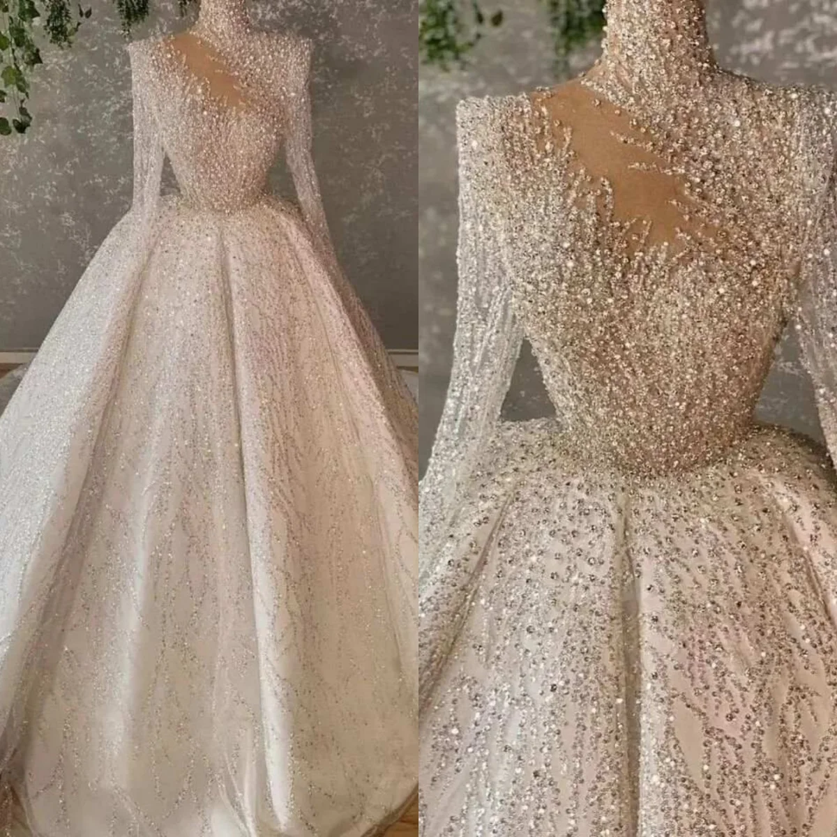 

Luxury A Line Bride Gowns Sequins Beaded Crystal Wedding Dress Pleats Sweep Train Bridal Dresses Vestido De Novia Customized