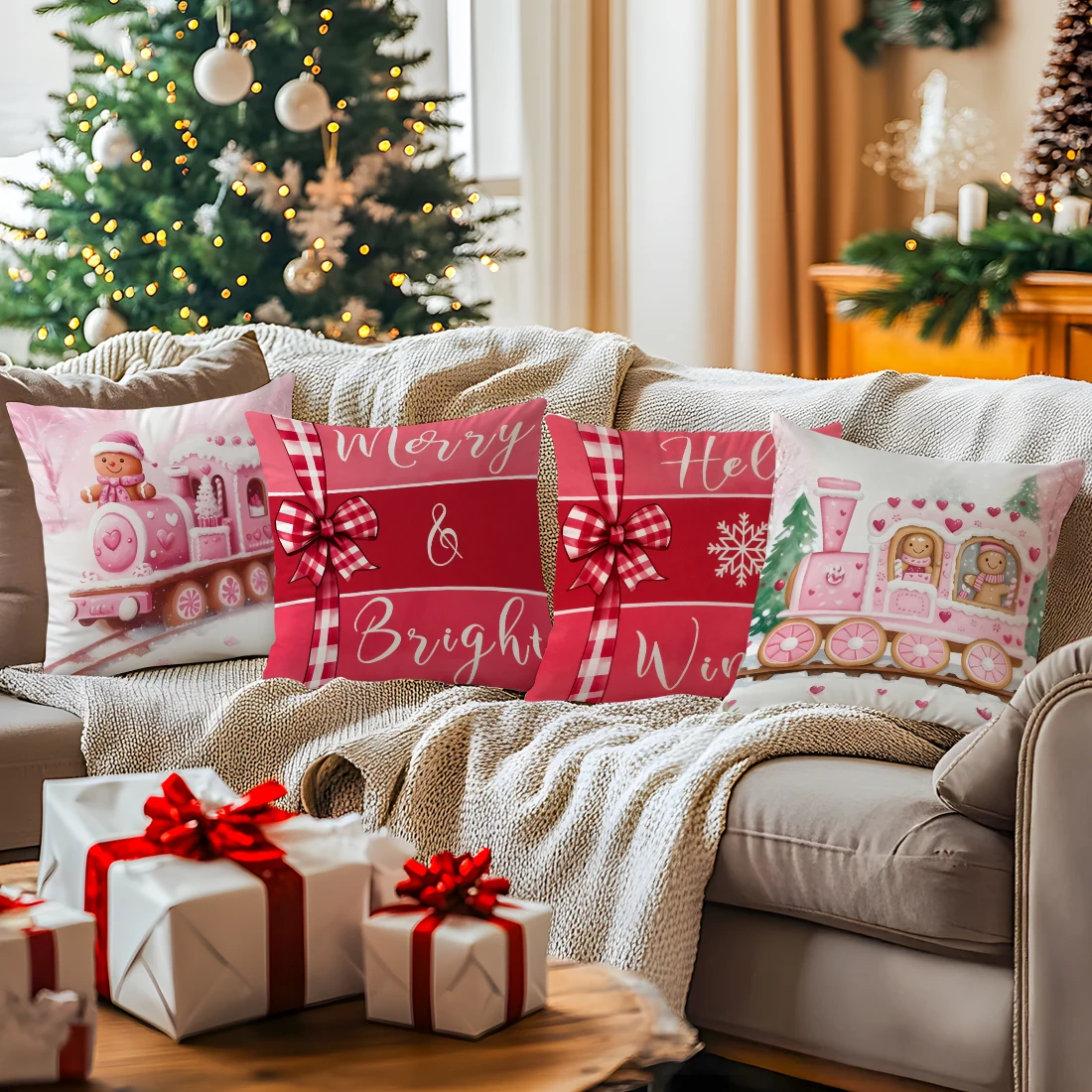

Christmas Gingerbread Train Pillowcase Printed Polyester 40/45/50cm Throw Pillowcover Decor Sofa Cushion Pillowslip Home Decor