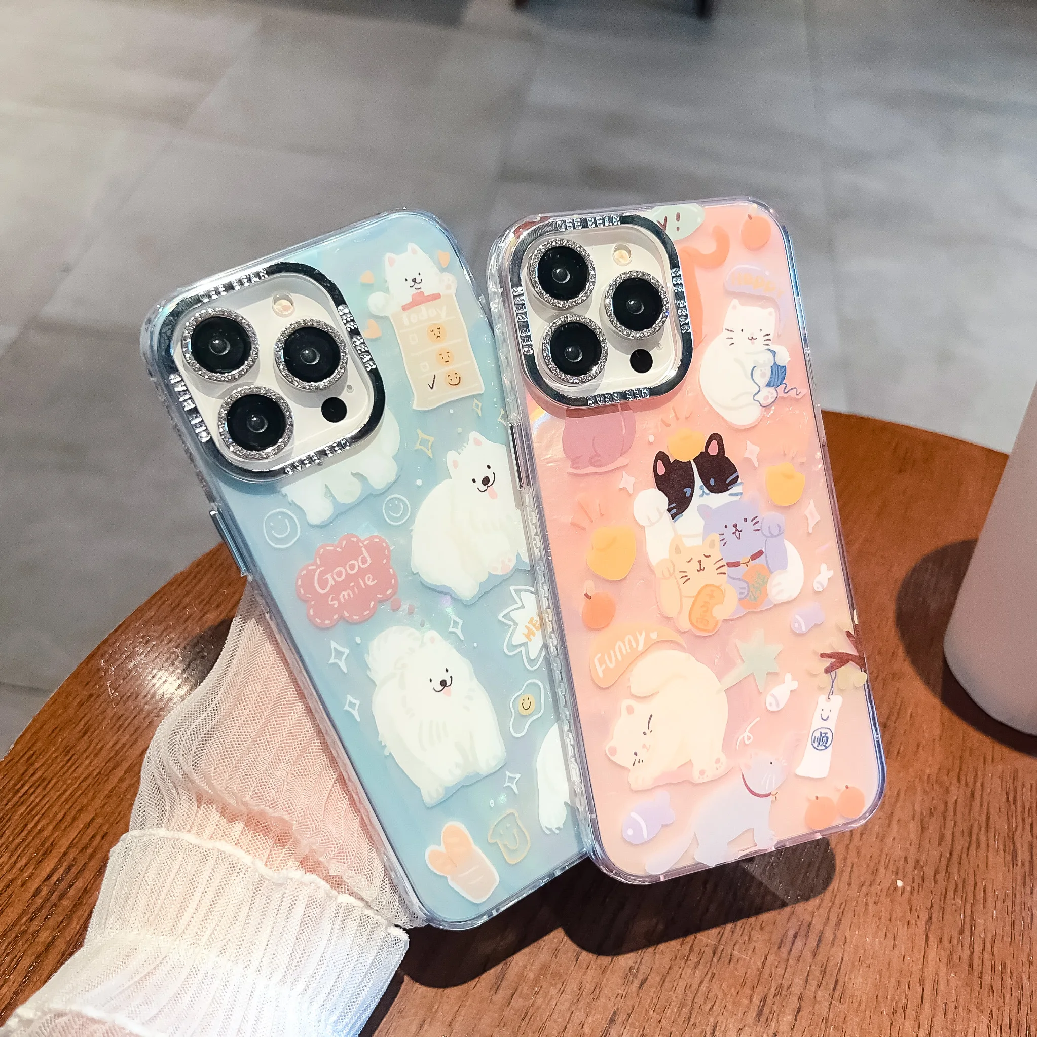 Good Luck Cat and Samoye Phone Case Suitable for iPhone 11 12 13 14 15 Pro Max Comes with Diamond Lens Film Protector Cover