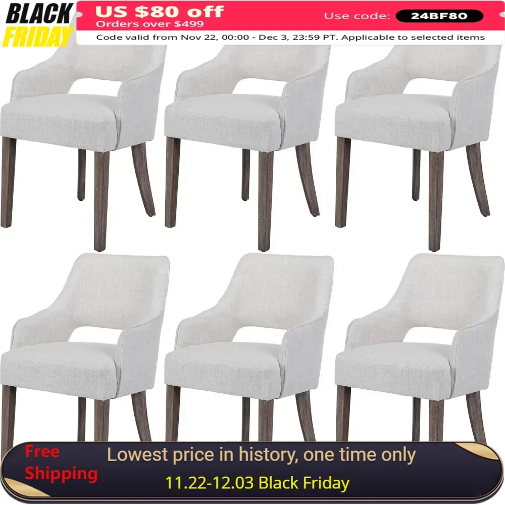 Dining Chair Set of 6 with Hollow Back, Padded Seat, Wood Legs, Linen Upholstered Accent Kitchen Chairs, Modern Dining Chair