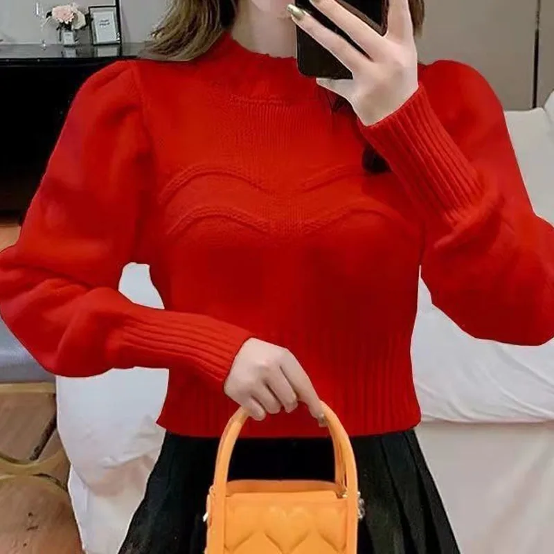 Female Korean Vintage Solid Color Sweaters Autumn Winter Fashion All-match Short Half High Collar Knitted Tops Women\'s Clothing