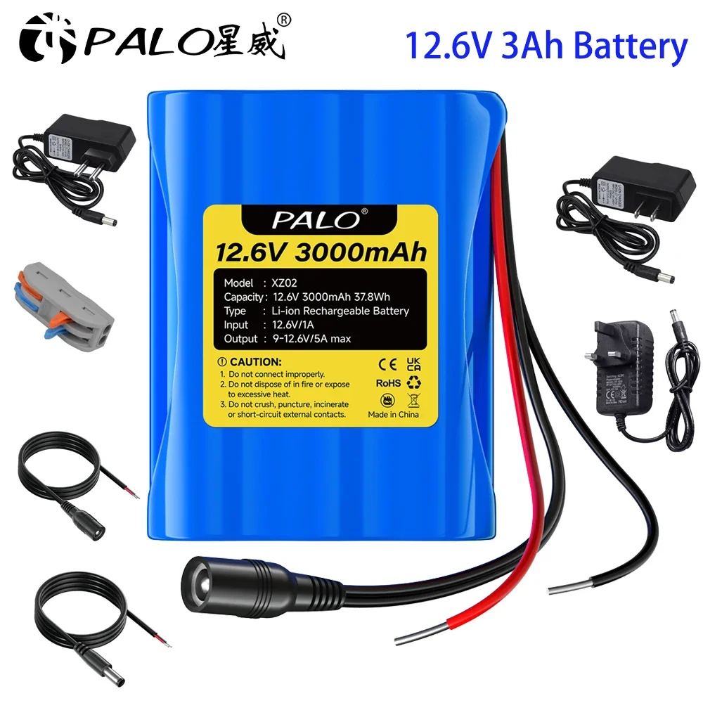 PALO 12.6V 3Ah Rechargeable 3000mAh Lithium ion Battery Pack with Fast Charging Charger for 12.6V Devices RC Car Boat DIY Robot