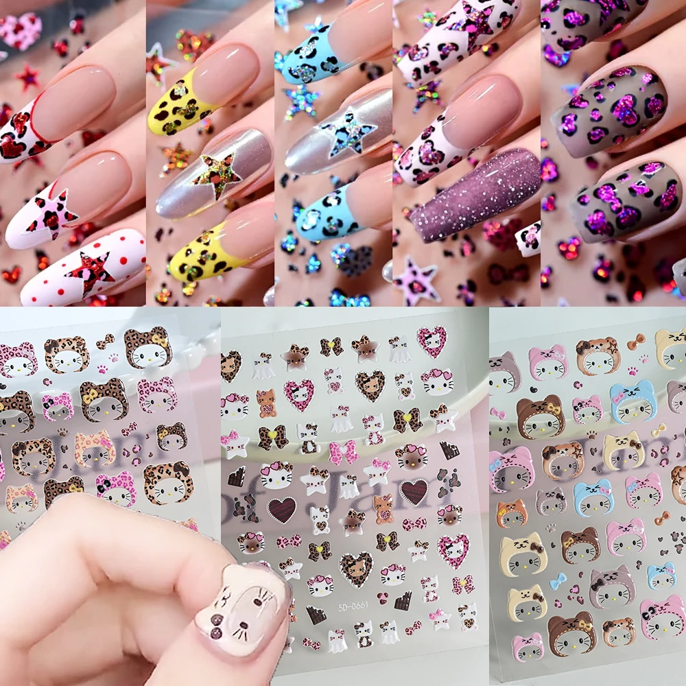 Naklejki na paznokcie 5D Leopard Hello Kitty Brokatowe Gwiazdki Serca Jesień Zima Y2K Kokardki Kotki z Kapturem Ozdoby do Paznokci Akcesoria do Paznokci