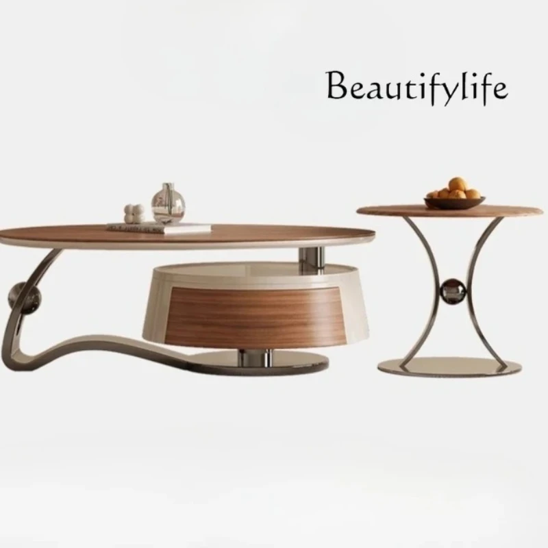 

special-shaped coffee table combination light luxury stainless steel slate walnut leather living room household small apartment