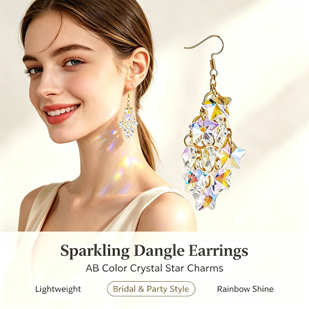 Gold AB Crystal Star Dangle Earrings 7.3cm 8.4g Faceted Aurora Borealis Chandelier Cluster Fishhook Bridal Party Gift Jewelry